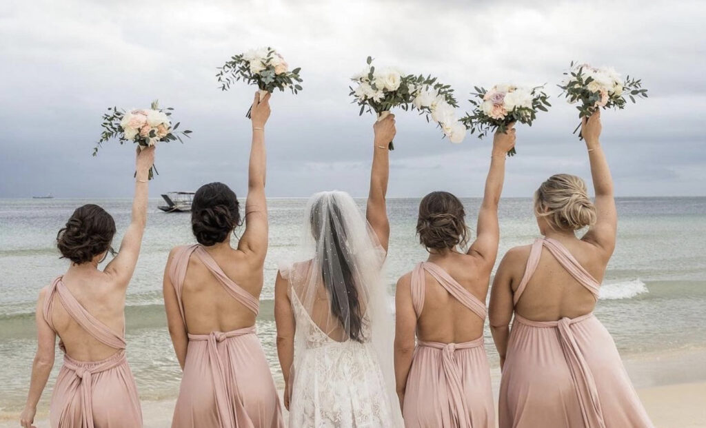 beach wedding, bridal hairstyling, bride and bridesmaids